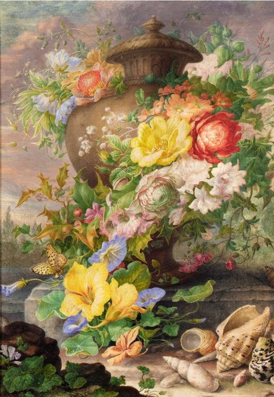 An Urn, Garlanded with Flowers, on a Terrace, with Shells in the Foreground, vintage artwork by Herman Henstenburgh, 12x8" (A4) Poster