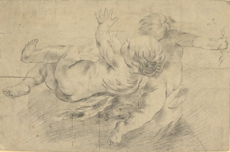 Two Putti Flying, vintage artwork by Guillaume Thomas Taraval, 12x8" (A4) Poster