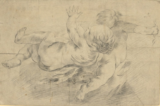 Two Putti Flying, vintage artwork by Guillaume Thomas Taraval, 12x8" (A4) Poster