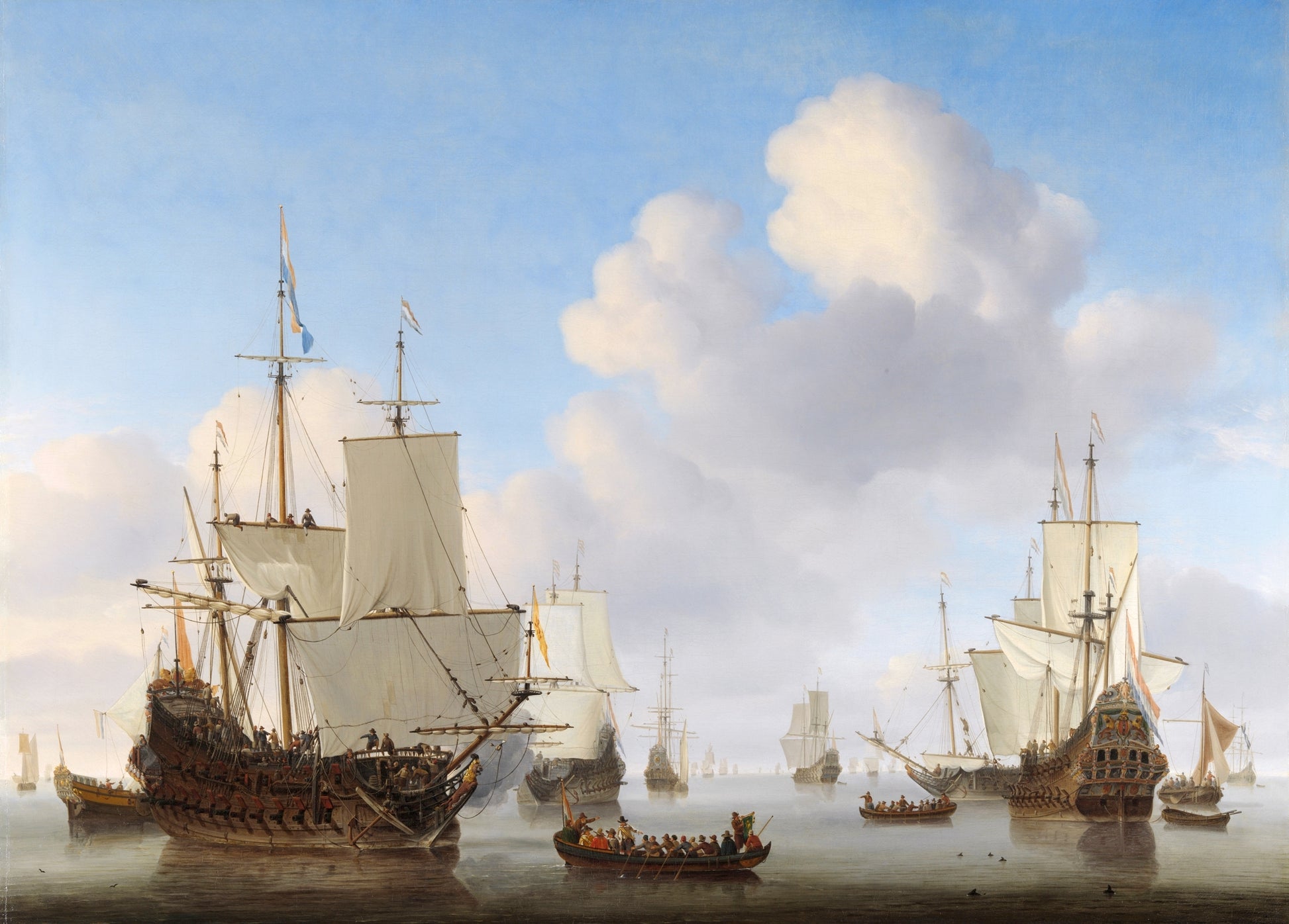 Dutch men-o'-war and other shipping in a calm, vintage artwork by Willem van de Velde the Younger, 12x8" (A4) Poster