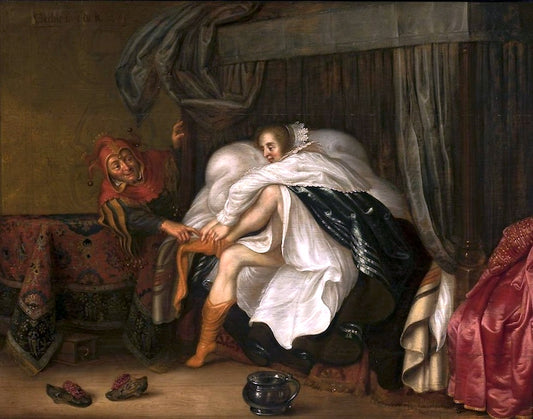 A Woman and a Jester, vintage artwork by Adriaen van de Venne, 12x8" (A4) Poster