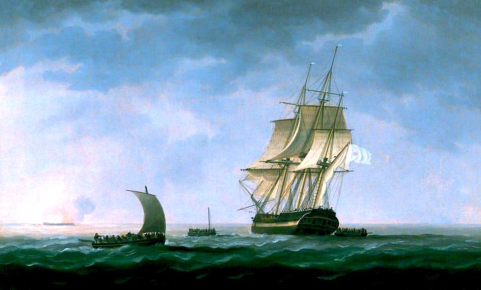HMS 'Hindostahn' on Fire, Rosas Bay, 2 April 1804, vintage artwork by Thomas Buttersworth, 12x8" (A4) Poster