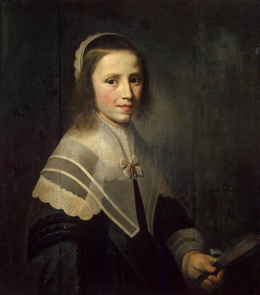 Girl Holding a Fan, vintage artwork by Hendrick Cornelisz van Vliet, 12x8" (A4) Poster