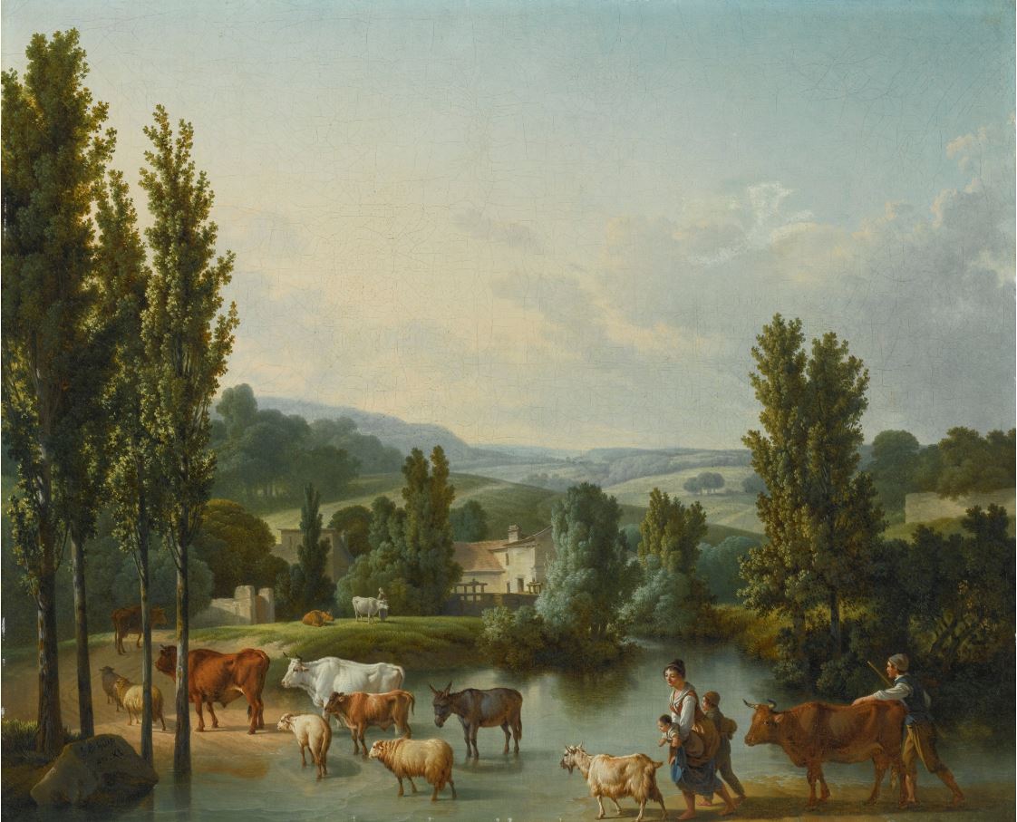 A shepherd and his family with their livestock fording a stream in an extensive landscape, vintage artwork by Jean-Baptiste Huet, 12x8" (A4) Poster