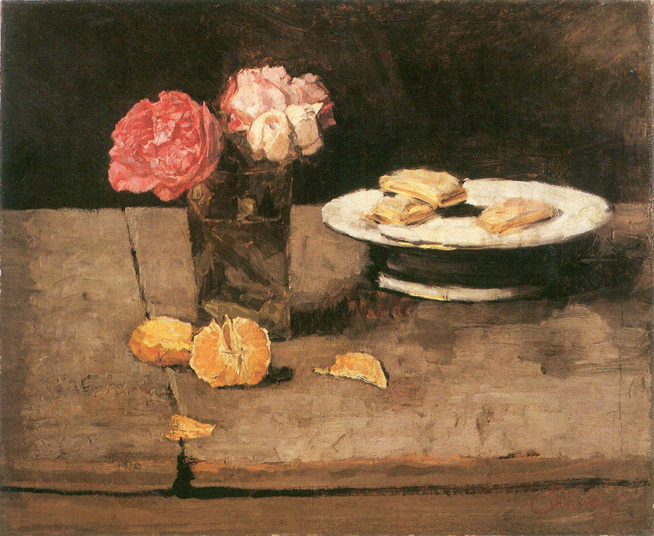 Roses, orange and biscuits on a plate, vintage artwork by Carl Eduard Schuch, 12x8" (A4) Poster