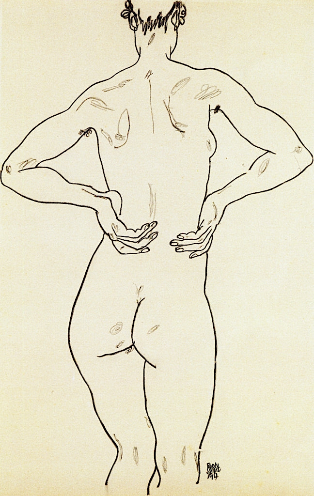 Female Nude with Hands on Hips Seen from the Back, vintage artwork by Egon Schiele, 12x8" (A4) Poster