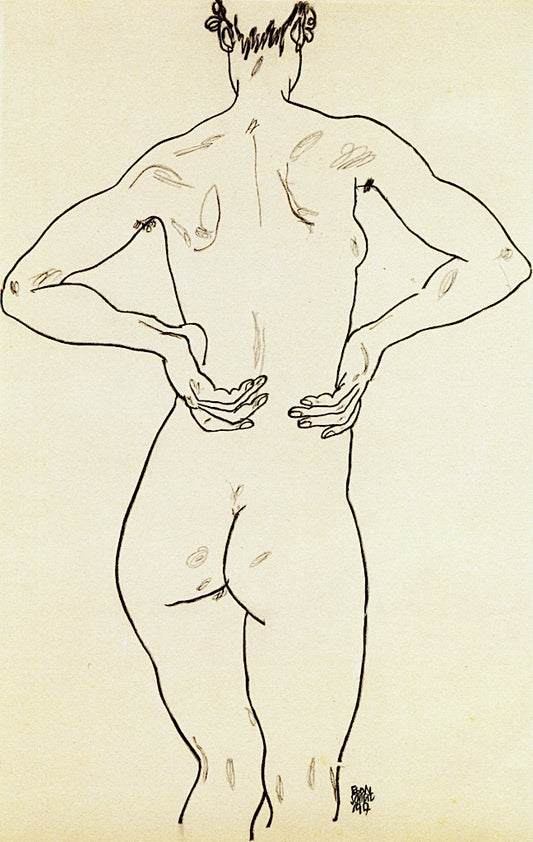 Female Nude with Hands on Hips Seen from the Back, vintage artwork by Egon Schiele, 12x8" (A4) Poster