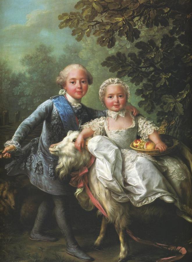 The Comte d'Artois and His Sister Clotilde Mounting a Goat, vintage artwork by François-Hubert Drouais, 12x8" (A4) Poster
