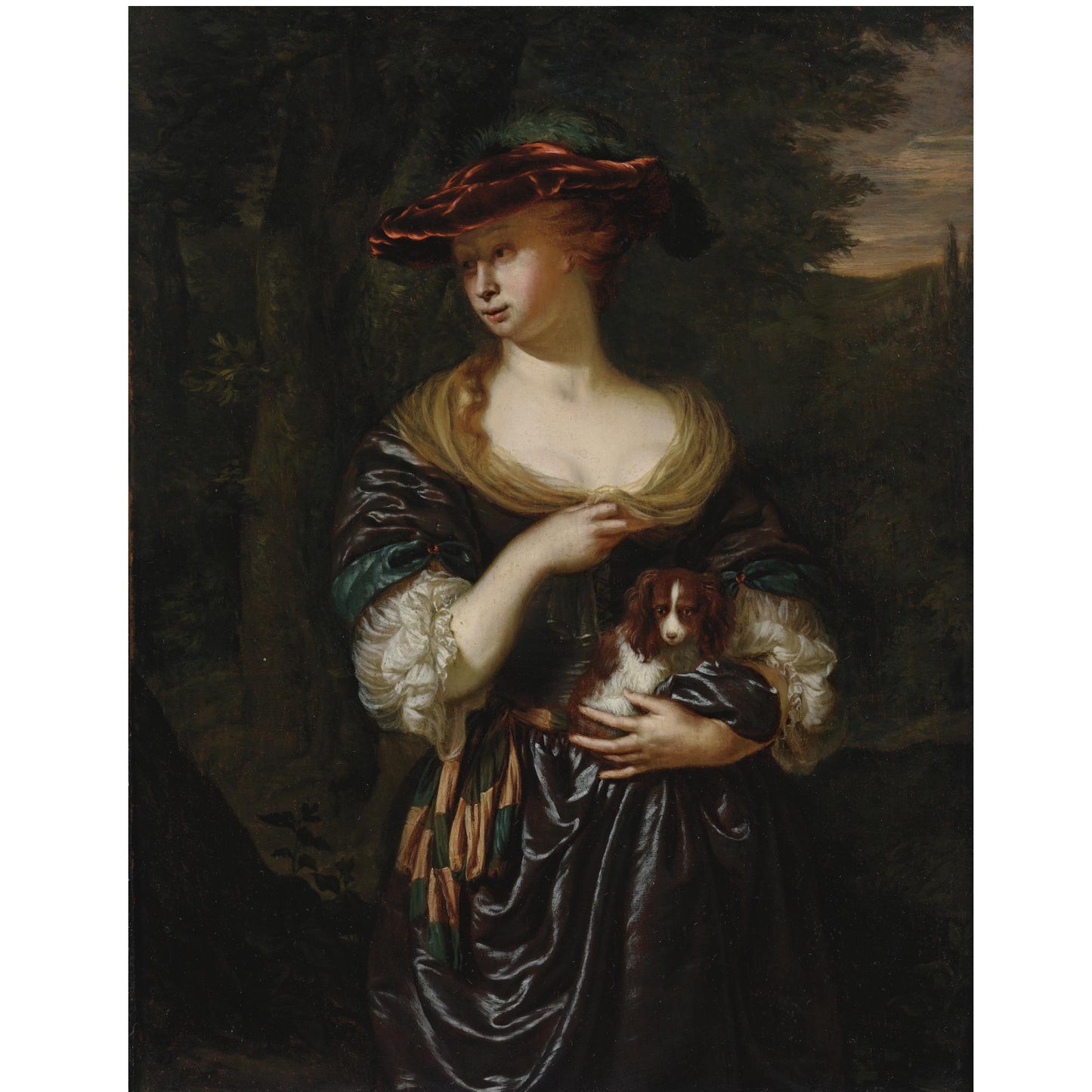 A Woman Holding a Dog in a Landscape, vintage artwork by Jan van Mieris, 12x8" (A4) Poster