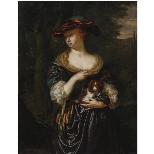 A Woman Holding a Dog in a Landscape, vintage artwork by Jan van Mieris, 12x8" (A4) Poster