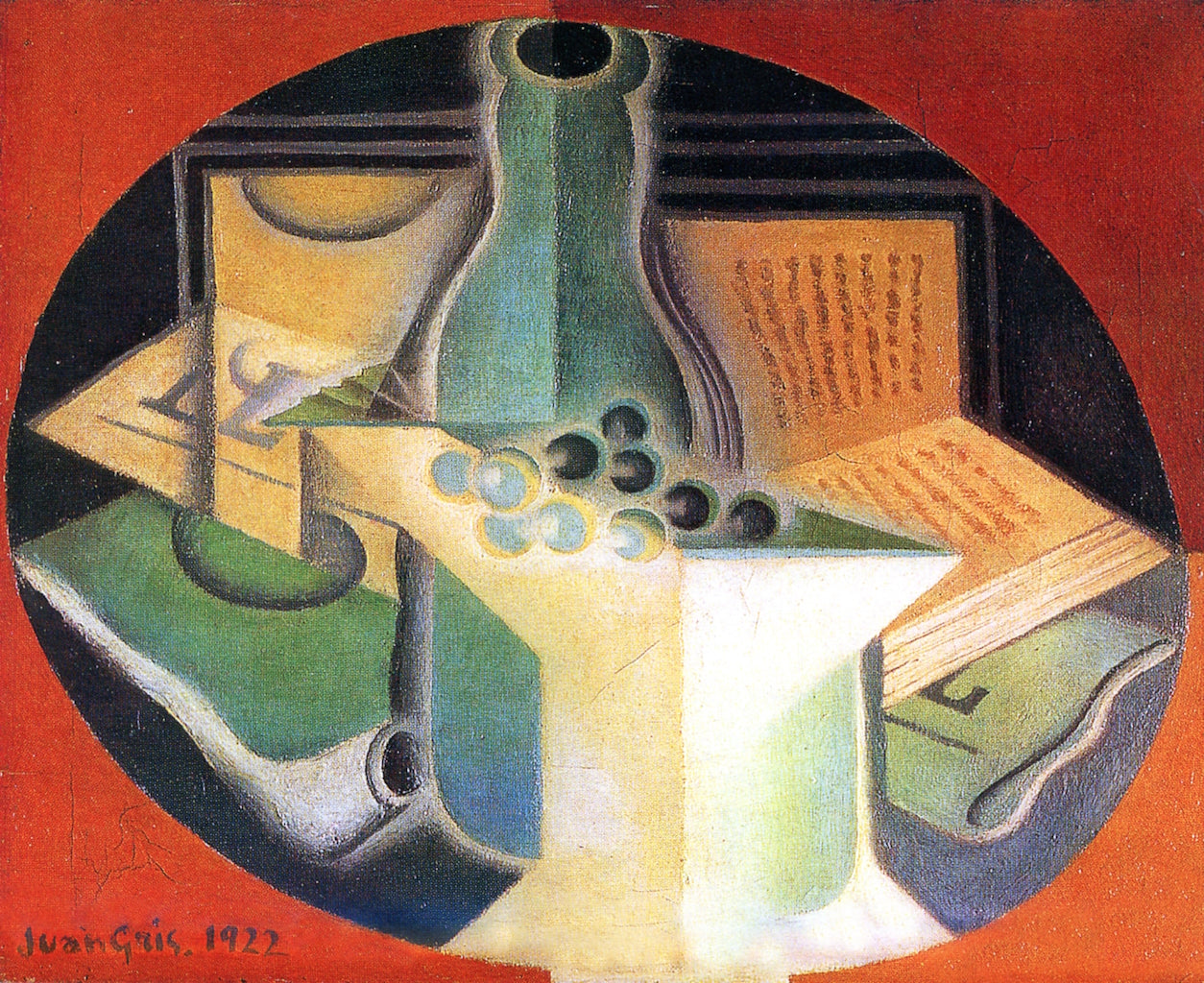 Bunch of Grapes, Water Bottle and Book, vintage artwork by Juan Gris, 12x8" (A4) Poster