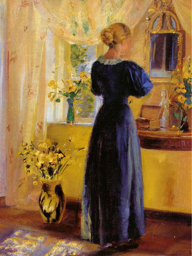 Young Woman in front of a Mirror, vintage artwork by Anna Ancher, 12x8" (A4) Poster