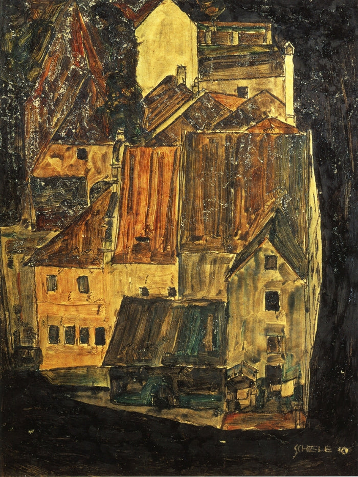 City on the Blue River I, vintage artwork by Egon Schiele, 12x8