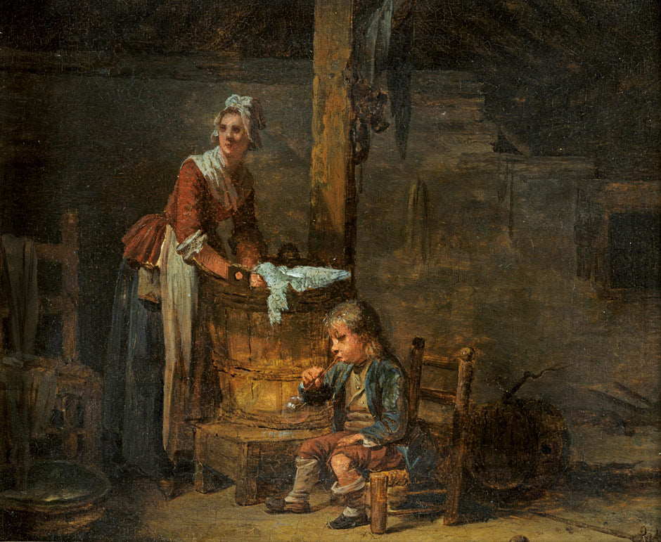 Interior with a washerwoman and her boy, vintage artwork by Martin Drölling, 12x8" (A4) Poster