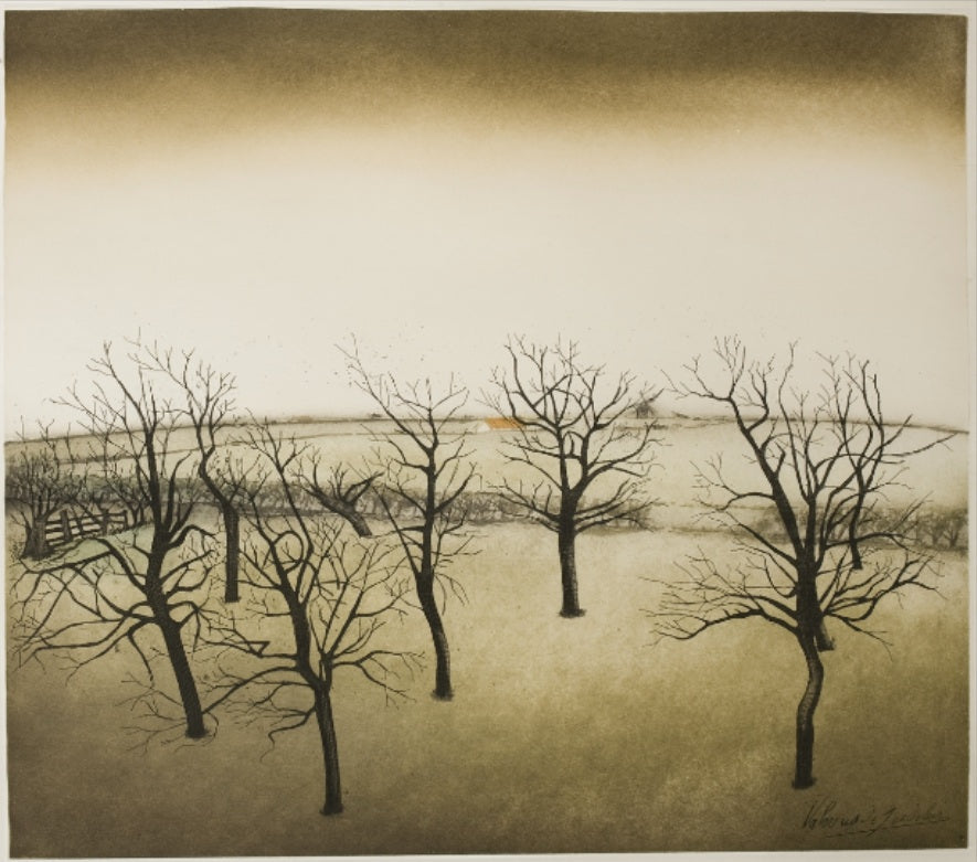 Blue sky - yellow landscape, trees without leaves, small house, vintage artwork by Valerius de Saedeleer, 12x8" (A4) Poster