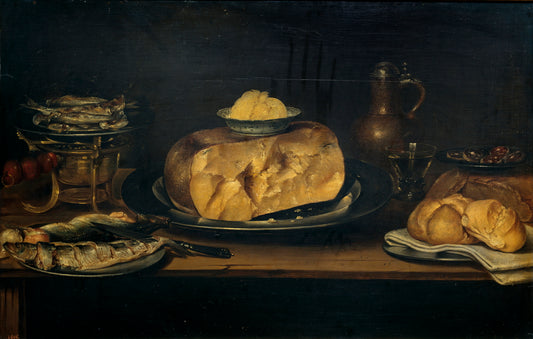 Still-life with Cheese, Sausage and Fish, vintage artwork by Alexander Adriaenssen, 12x8" (A4) Poster