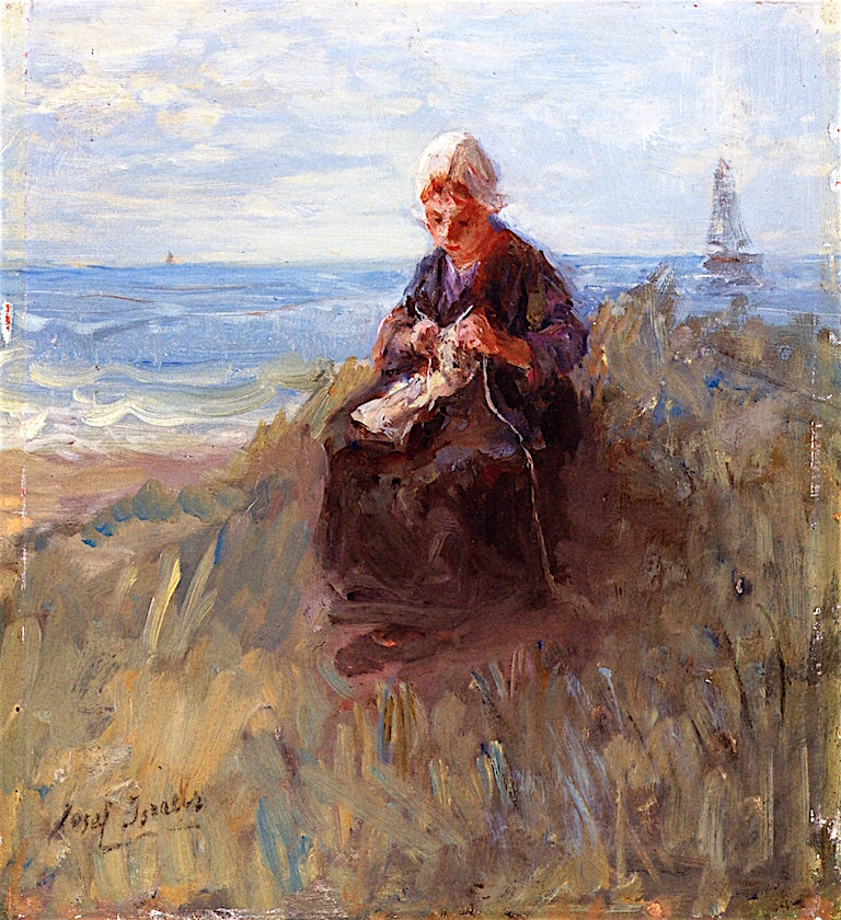 Woman Knitting by  the Shore, vintage artwork by Jozef Israëls, 12x8" (A4) Poster