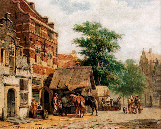 View in a street, Culemborg, with a blacksmith at work, vintage artwork by Cornelis Springer, A3 (16x12") Poster Print