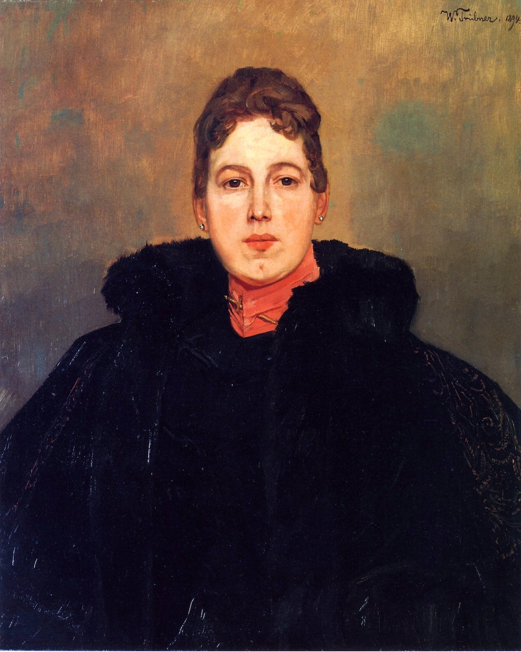 Portrait of a Woman with a Red Kerchief, vintage artwork by Wilhelm Trübner, 12x8" (A4) Poster