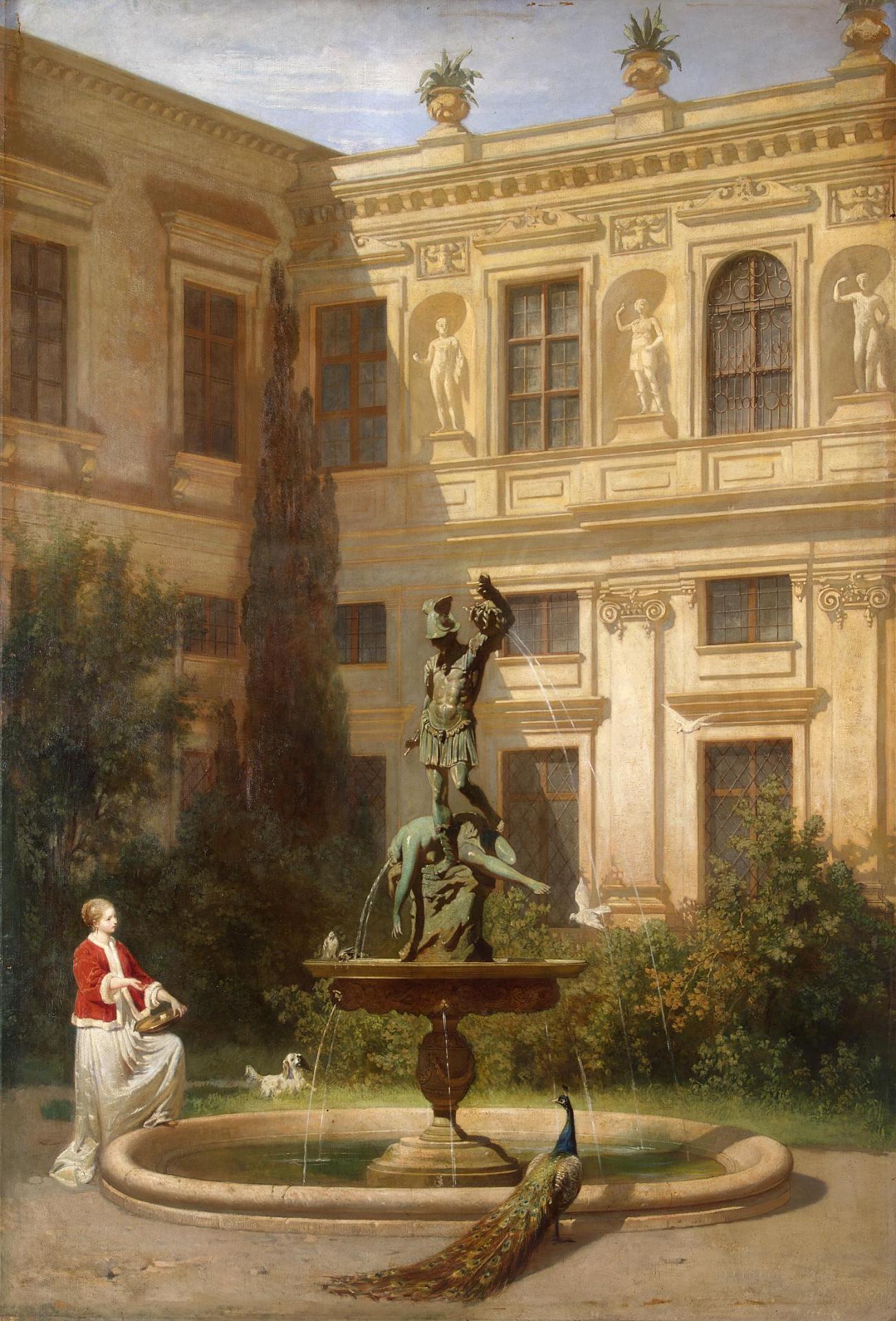 Courtyard with the Grotto in the Munich Royal Residence, vintage artwork by Hans von Marees, 12x8" (A4) Poster