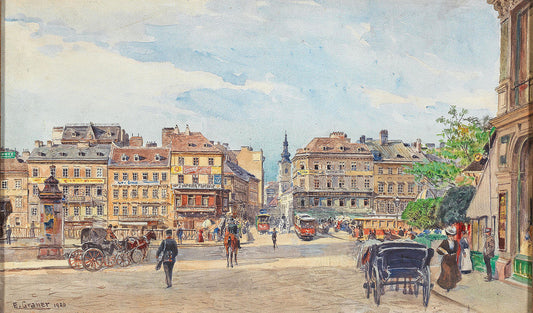 Danube canal with Ferdinand bridge, Vienna, vintage artwork by Ernst Graner, 12x8" (A4) Poster