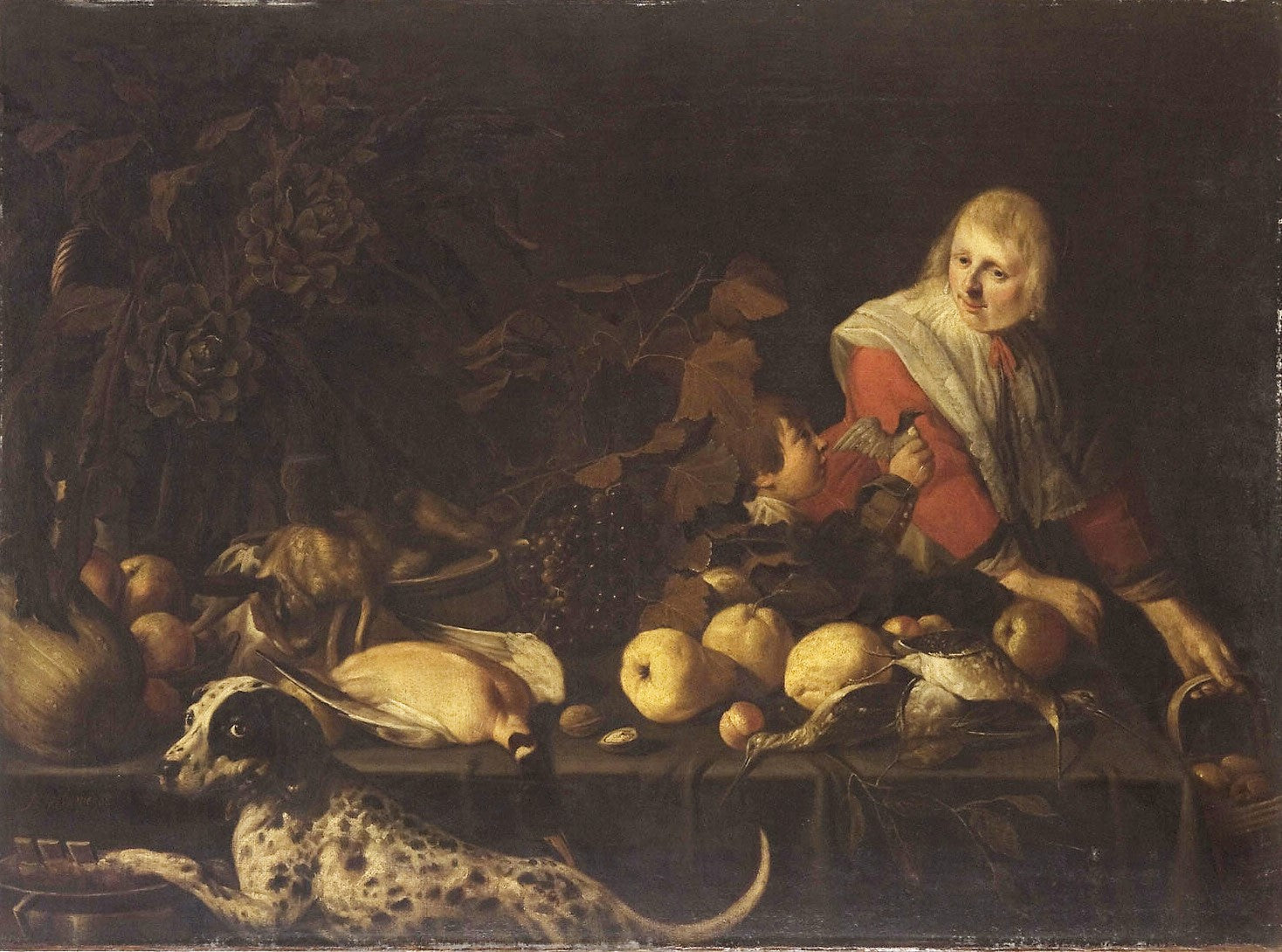 Still Life with a Woman, a Boy, and a Dog, vintage artwork by Anthonie Palamedesz, 12x8" (A4) Poster