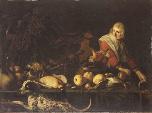 Still Life with a Woman, a Boy, and a Dog, vintage artwork by Anthonie Palamedesz, 12x8" (A4) Poster