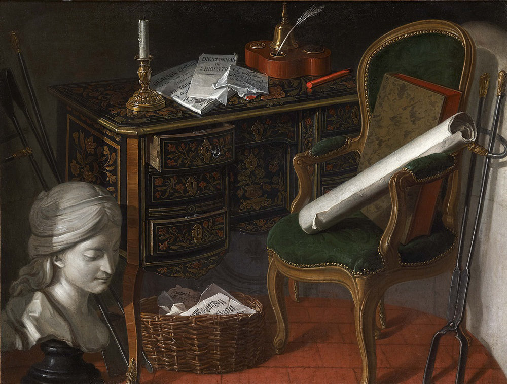 Bust of a woman by  a wicker basket filled with sheet music, a writing desk with inkwell and a chair, vintage artwork by Nicolas Henri Jeaurat de Bertry, 12x8" (A4) Poster