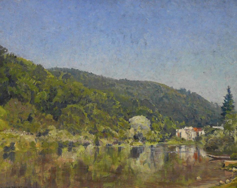 View of a Lake Lined by  Trees (Bewaldeter Seeblick), vintage artwork by Eugen Felix Prosper Bracht, 12x8" (A4) Poster