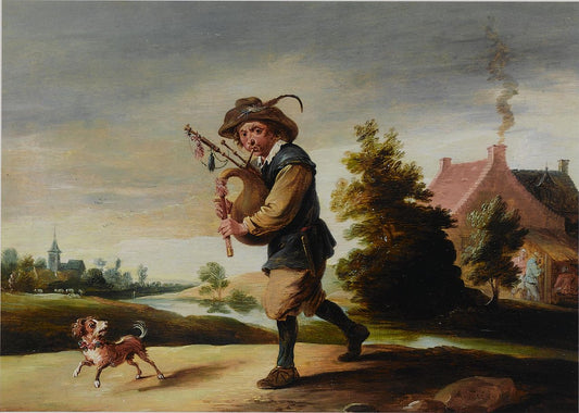 A boor playing a bagpipe in a landscape, vintage artwork by Abraham Teniers, 12x8" (A4) Poster