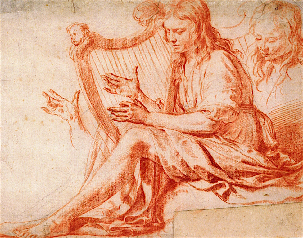 A Young Man Playing the Harp, vintage artwork by Dirck van den Bergen, 12x8" (A4) Poster