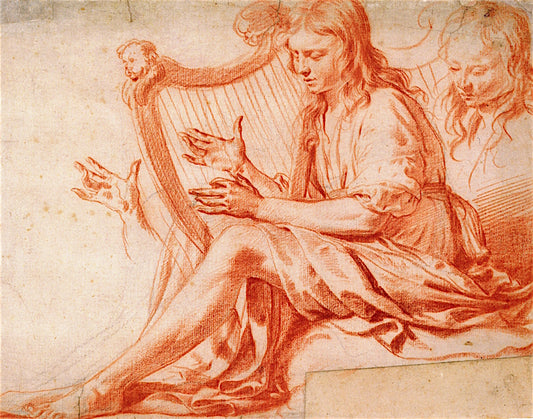A Young Man Playing the Harp, vintage artwork by Dirck van den Bergen, 12x8" (A4) Poster