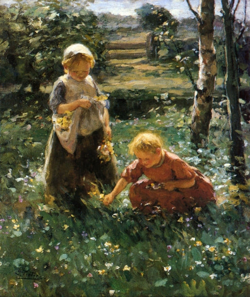 Children Picking Flowers, vintage artwork by Evert Pieters, 12x8" (A4) Poster