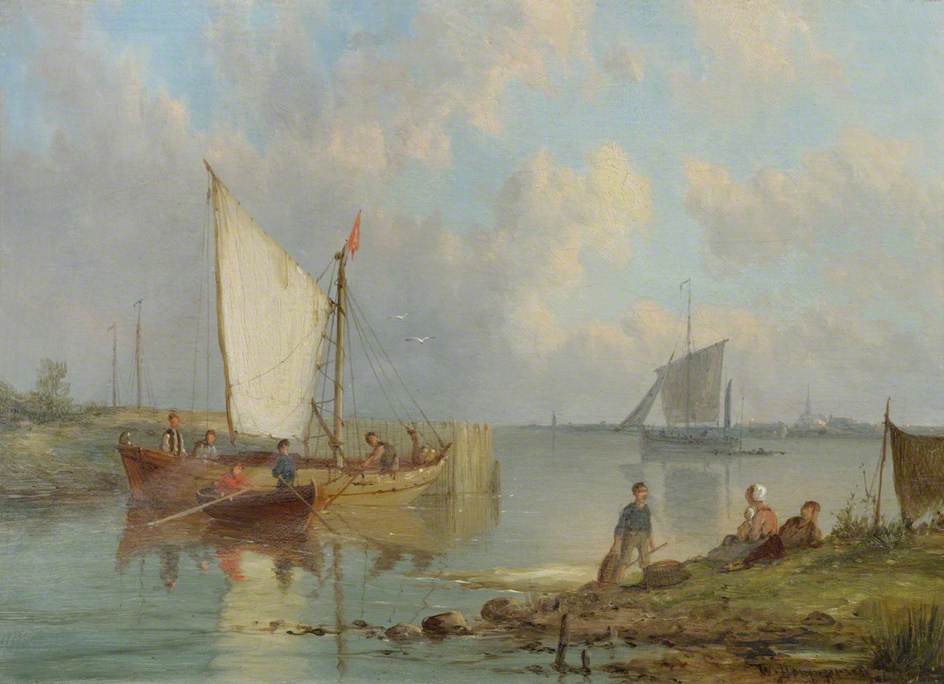 Fisherman and Boats in an Estuary, vintage artwork by William Raymond Dommersen, 12x8" (A4) Poster