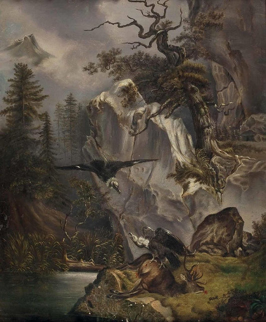 Vultures and Deer, vintage artwork by Friedrich Gauermann, A3 (16x12") Poster Print