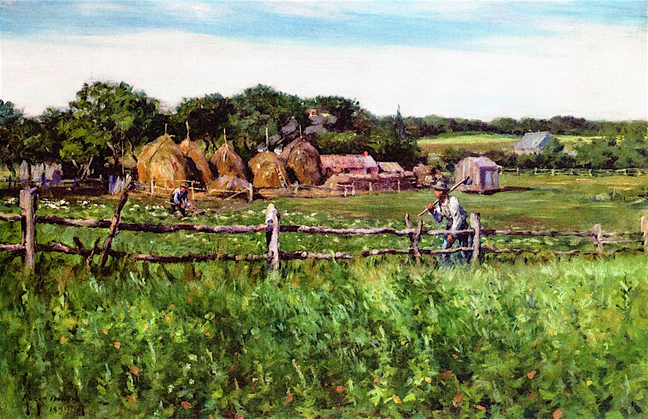 Ploughmen in a Fenced Field, vintage artwork by Gaines Ruger Donoho, 12x8" (A4) Poster