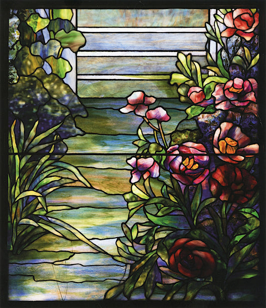Peony Window Panel, Richard Beatty Mellon Mansion in Pittsburgh, vintage artwork by Louis Comfort Tiffany, 12x8" (A4) Poster