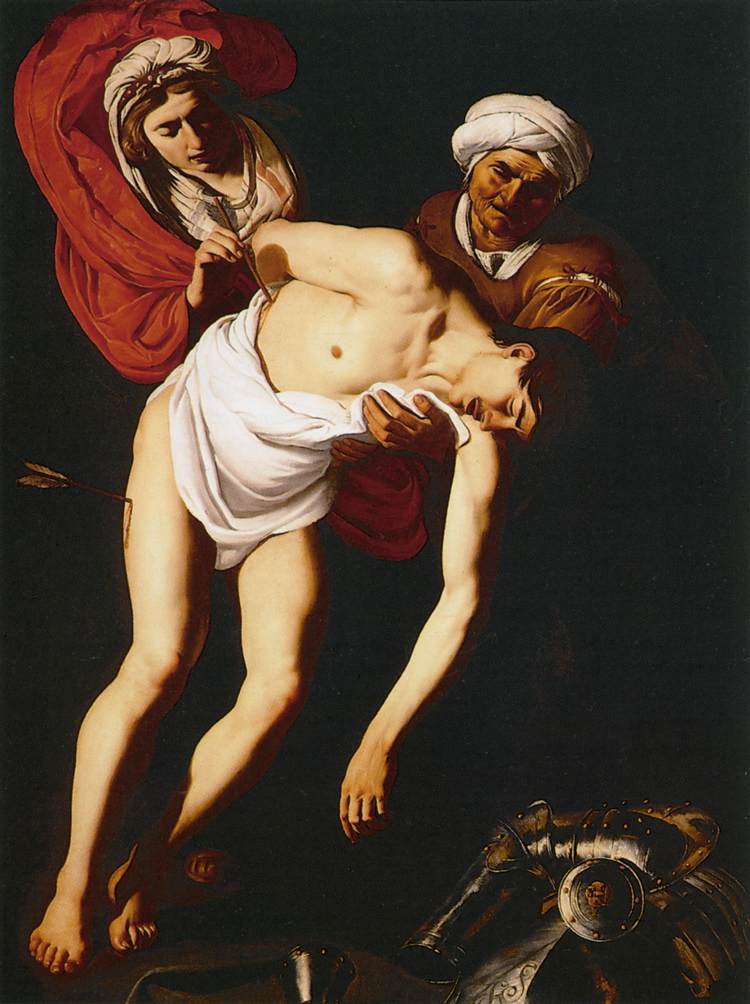 Saint Sebastian Attended by  St Irene and Her Maid, vintage artwork by Attributed to Dirck van Baburen, 12x8" (A4) Poster
