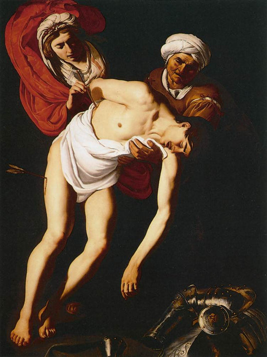 Saint Sebastian Attended by  St Irene and Her Maid, vintage artwork by Attributed to Dirck van Baburen, 12x8" (A4) Poster