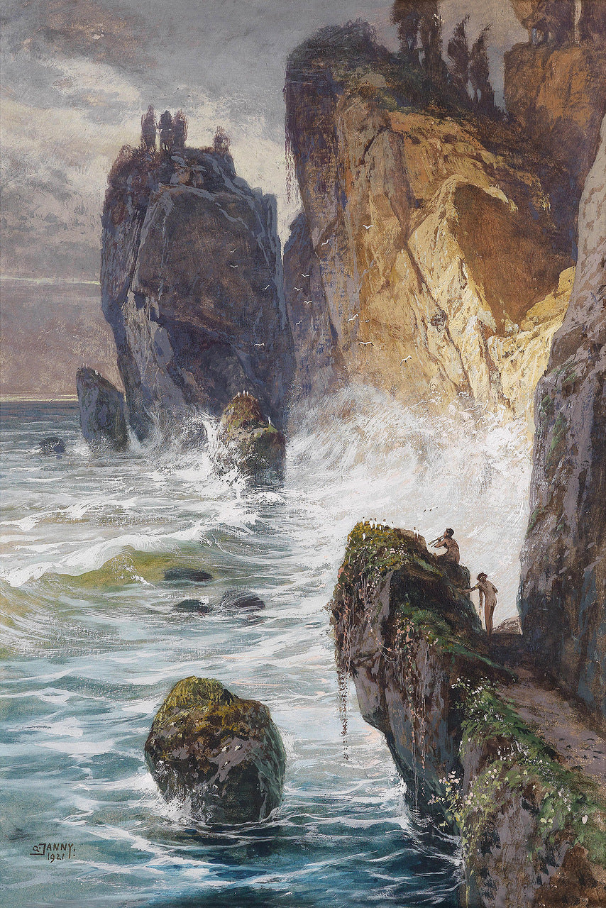 Mythological Scene with Fauns on a Rocky Coast, vintage artwork by Georg Janny, 12x8" (A4) Poster
