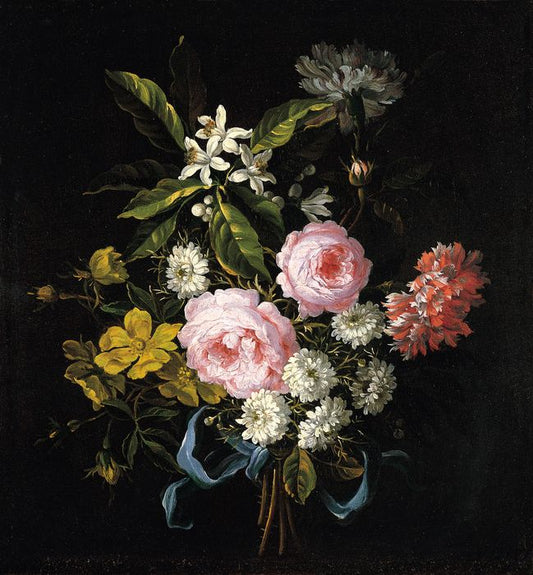 A Bouquet of Chamomile, French Roses, Single Yellow Roses, Orange Blossom and Carnations, vintage artwork by Jean-Baptiste Monnoyer, 12x8" (A4) Poster