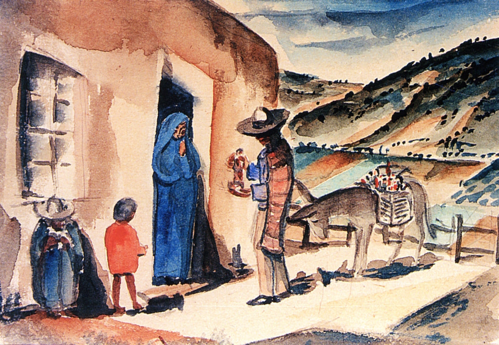 The Bulto Seller or Adobe with Woman in Blue, vintage artwork by Frank Applegate, 12x8" (A4) Poster