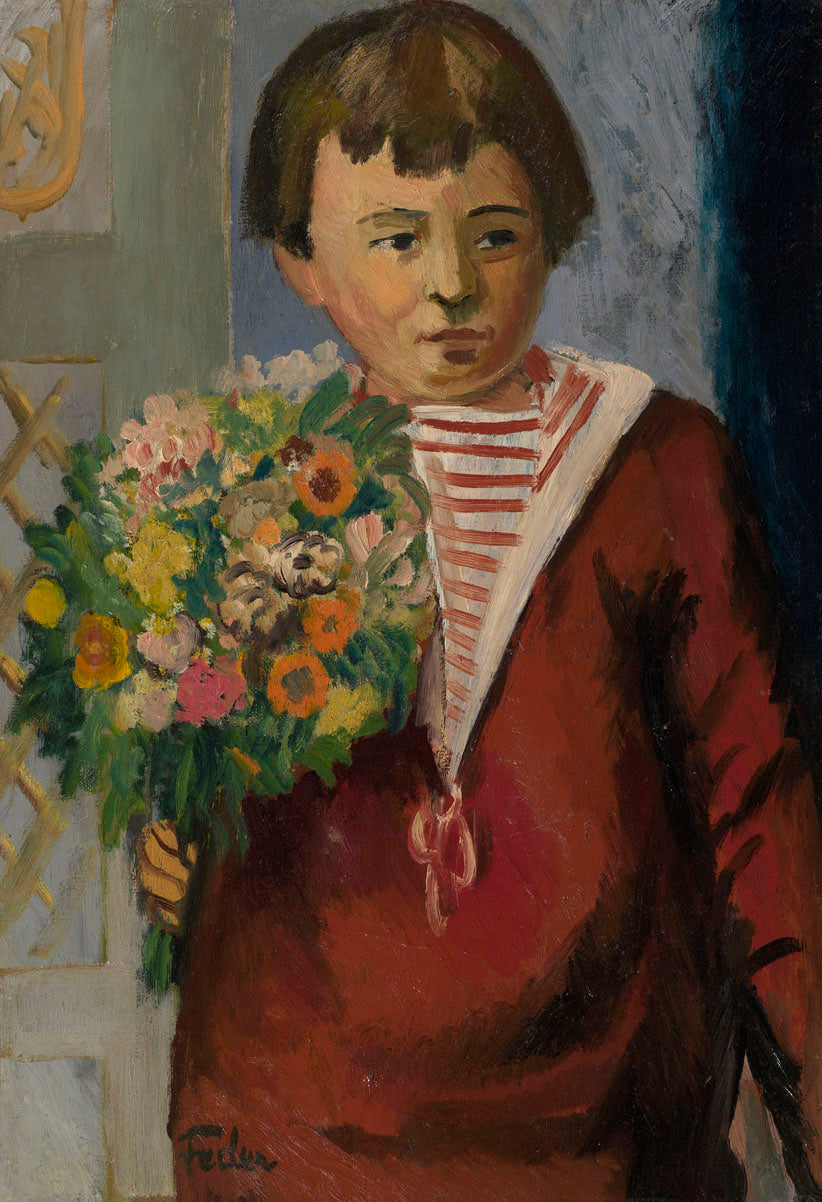Boy with Flowers, vintage artwork by Adolphe Feder, 12x8" (A4) Poster