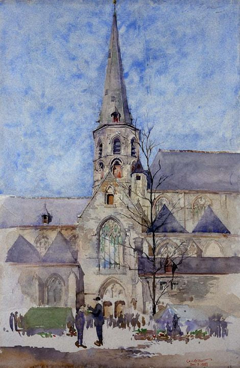 A Market Day (Church of St. Jacques, Ghent, Belgium), vintage artwork by Cass Gilbert, 12x8" (A4) Poster