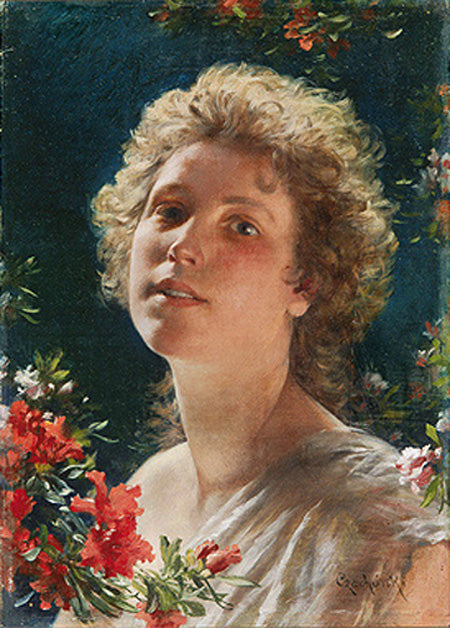 Girl with azalea flowers, vintage artwork by Władysław Czachórski, 12x8" (A4) Poster