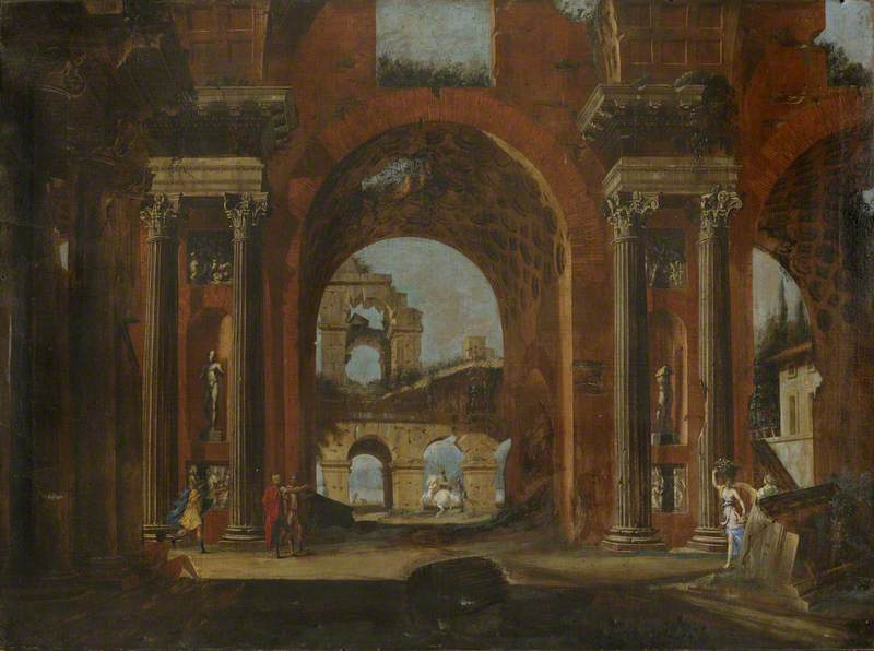 Classical Ruins, Horseman and Figures, vintage artwork by Viviano Codazzi, 12x8" (A4) Poster