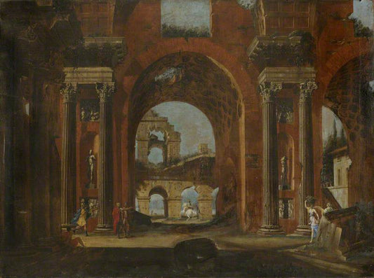 Classical Ruins, Horseman and Figures, vintage artwork by Viviano Codazzi, 12x8" (A4) Poster