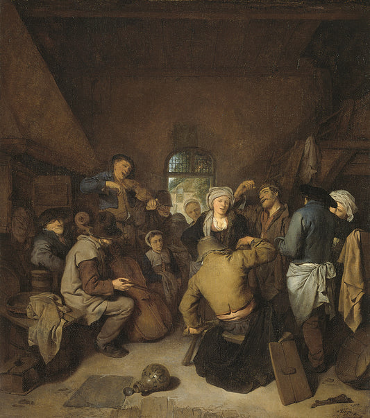 Peasants Making Music and Dancing, vintage artwork by Cornelis Pietersz  Bega, 12x8" (A4) Poster