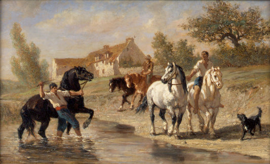 Watering the Horses, vintage artwork by Jules Jacques Veyrassat, A3 (16x12") Poster Print
