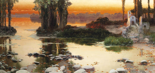 Sunset over a lake, vintage artwork by Enrique Serra y Auque, 12x8" (A4) Poster
